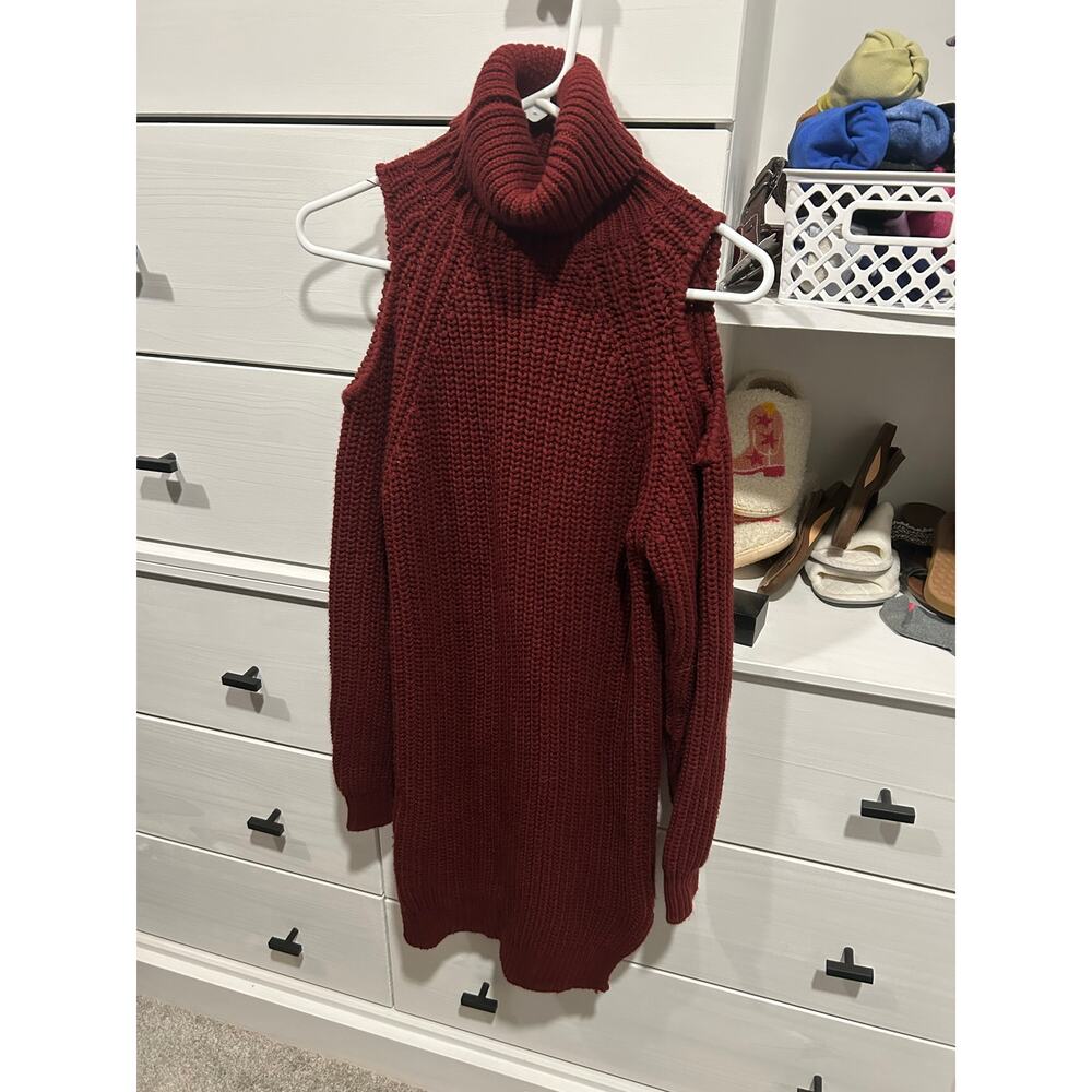 Cold Shoulder Turntleneck Red Sweater Dress XS